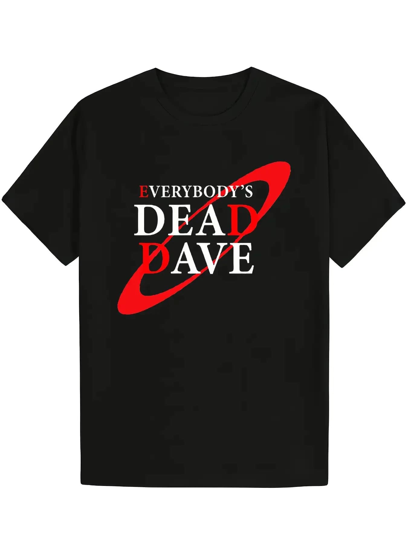 Men's t-shirt in black cotton. Soft design with round neckline, with a bold red star pattern and the text "Everybody's Dead Dave".