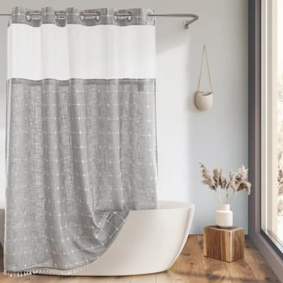 Tenda da doccia in stile rustico con fodera a incastro, tende da doccia in tessuto senza bisogno di ganci con nappe per l'arredamento rustico del bagno, con