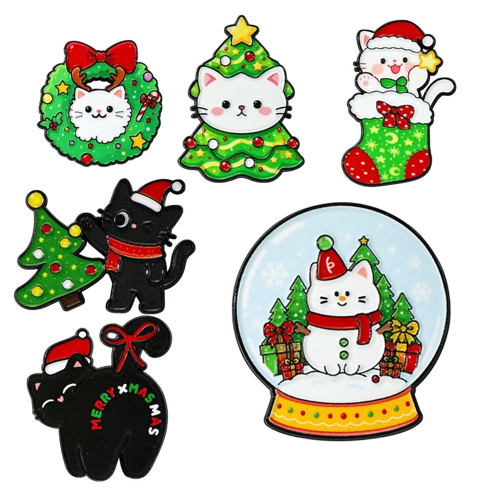 5 pcs Cute Christmas Cat Enamel Pins Cartoon Xmas Tree Wreath Snow Globe Brooch Lapel Badge for Backpack Clothes Festival Gift