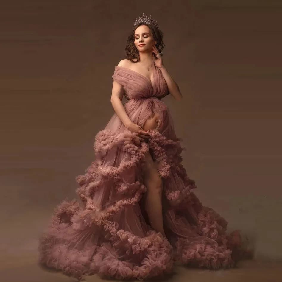 Charming Ruffled Prom Dresses for Women 2022 Bride Dress Front Split Maternity Photoshoot Robes for Baby Showers Evening Gowns