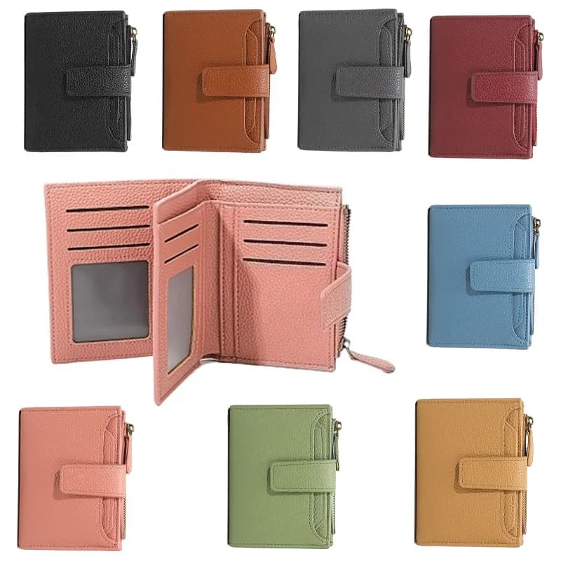 Portafoglio da donna con blocco RFID, in PU, a due ante, con finestra per documenti, piccolo portafoglio porta carte con tasca portamonete con cerniera.