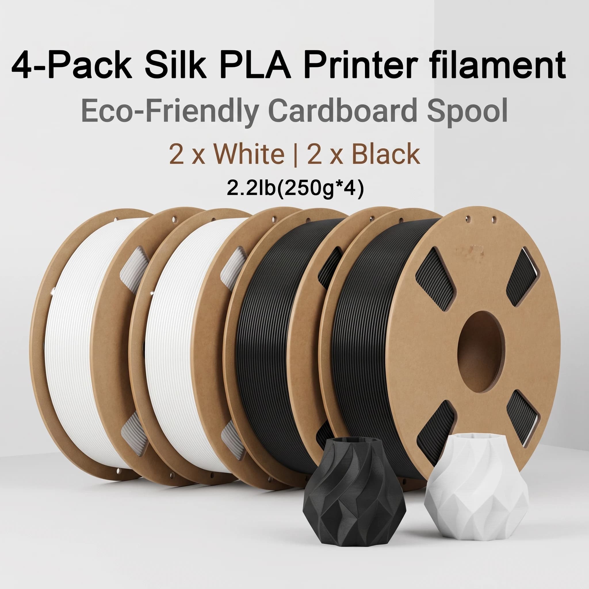 Silk PLA Filament, shiny silk surface, 1.75mm diameter glossy 3D printing filament, available in 200/250/500/1000g, Black/White