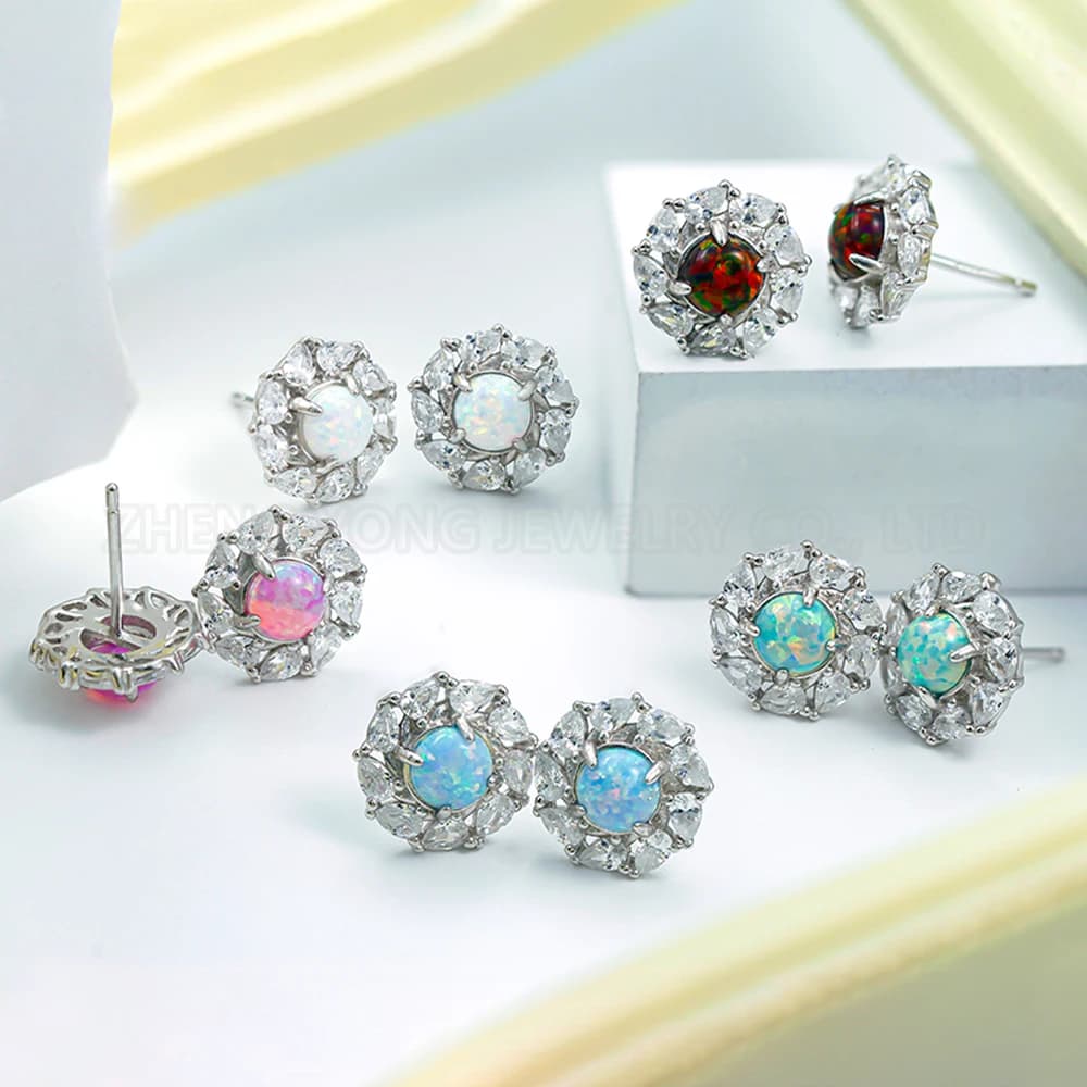 Orecchini a bottone con diamanti a forma di pera in argento sterling per orecchini a bottone Halo con opale di fuoco da donna