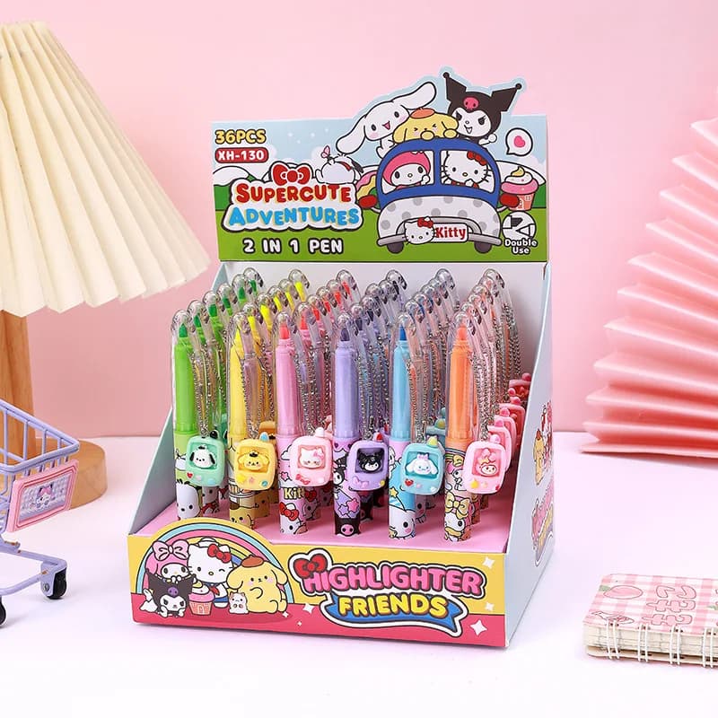 Set da 6/36 Pezzi di Penne Hello Kitty con Ciondolo Carino 2-in-1, Penna Evidenziatore a Doppia Punta, Penna Gel, Cancelleria per Studenti, Regalo per Bambini