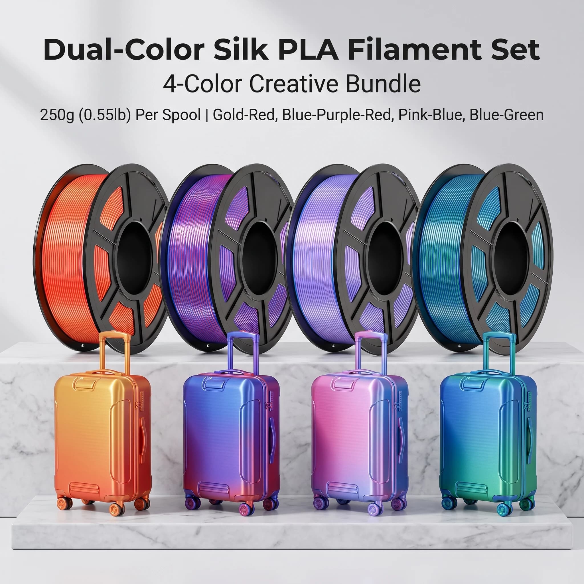 1.75mm Dual Color Silk PLA Filament +/-0.02mm 250g 4 Rolls Combo For FDM 3D Printers Gold Red Red Blue Pink Blue Blue Green
