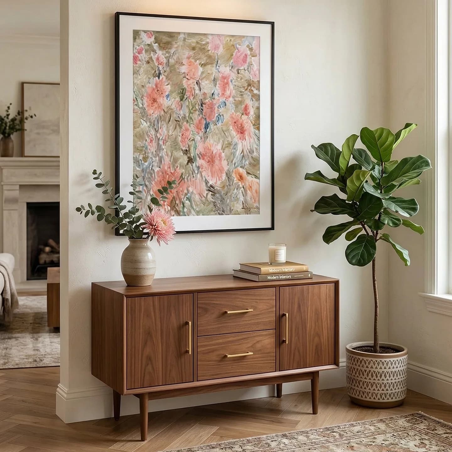Modern Abstract Floral Canvas Prints, Soft Pastel Green Pink Wall Art, Textured Watercolor Flower Unframed Poster.