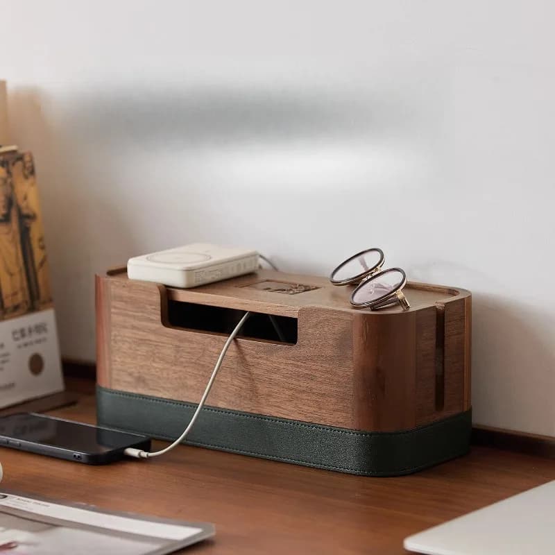 Cavo dati in legno massello di noce Scatola portaoggetti per cavi Router Gestore cavi Desktop Plug-in