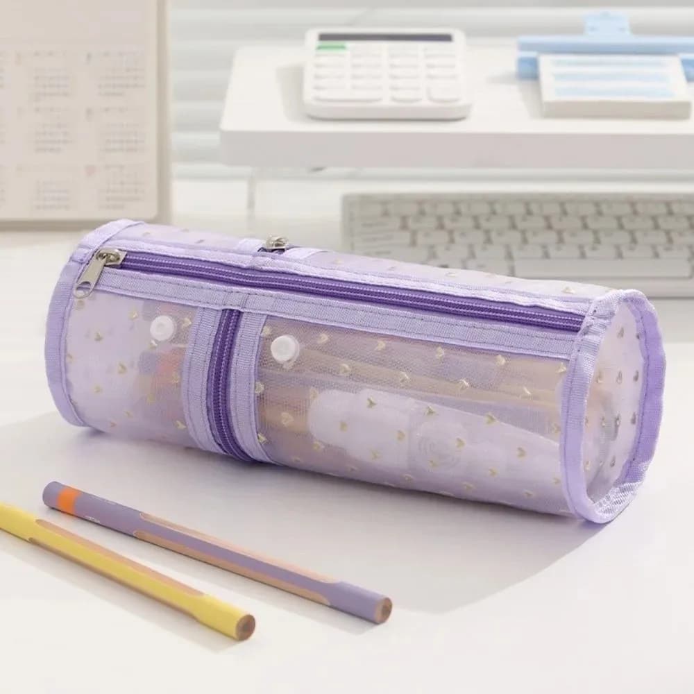 Borsa portaoggetti in rete trasparente Love Heart, astuccio multifunzionale in rete a forma cilindrica, pochette per trucco in rete stile coreano per studenti