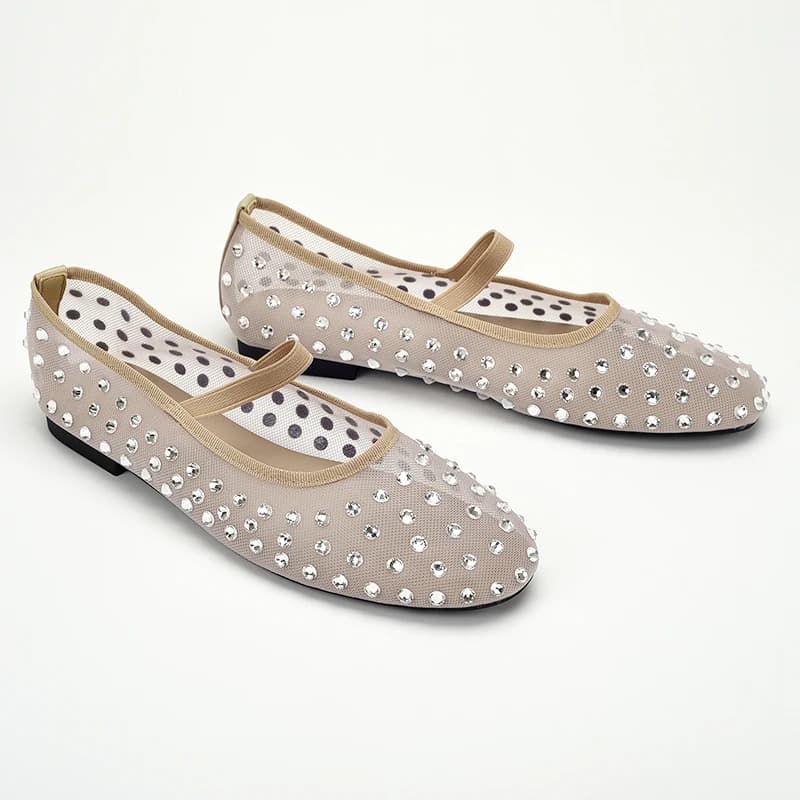 Ballerine di lusso in rete con strass Scarpe da donna Slip on Traspiranti Eleganti Mary Janes Mocassini morbidi e confortevoli con punta tonda