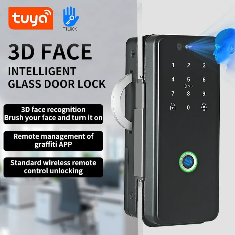Serratura per porta con codice di accesso intelligente per impronte digitali con riconoscimento facciale 3D in vetro per ufficio adatta per porte doppie e singole porte doppie
