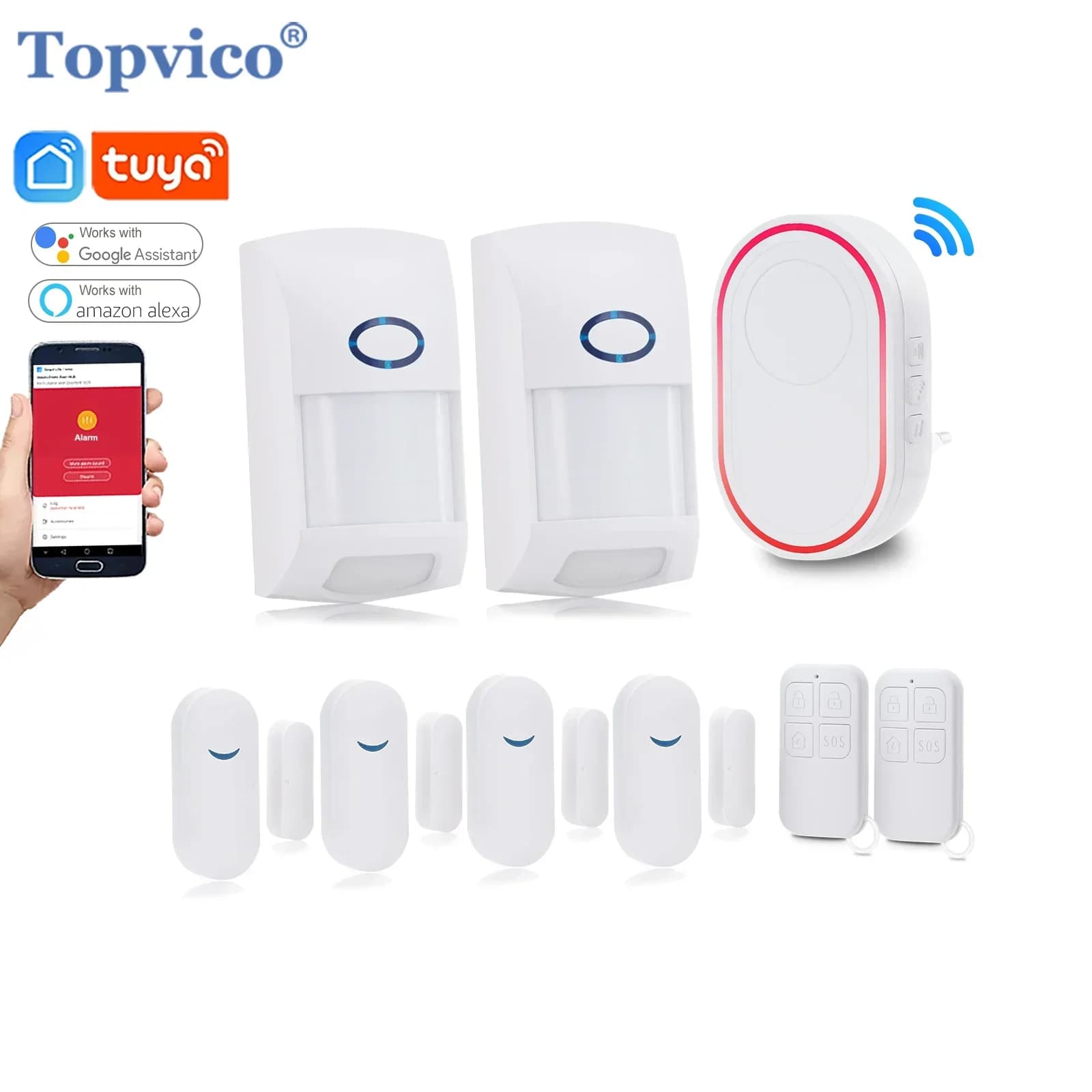 Topvico Tuya Smart Home Security System WiFi Hub Door Sensor PIR Motion Detector Smoke Alarm CO Detector Remote Control