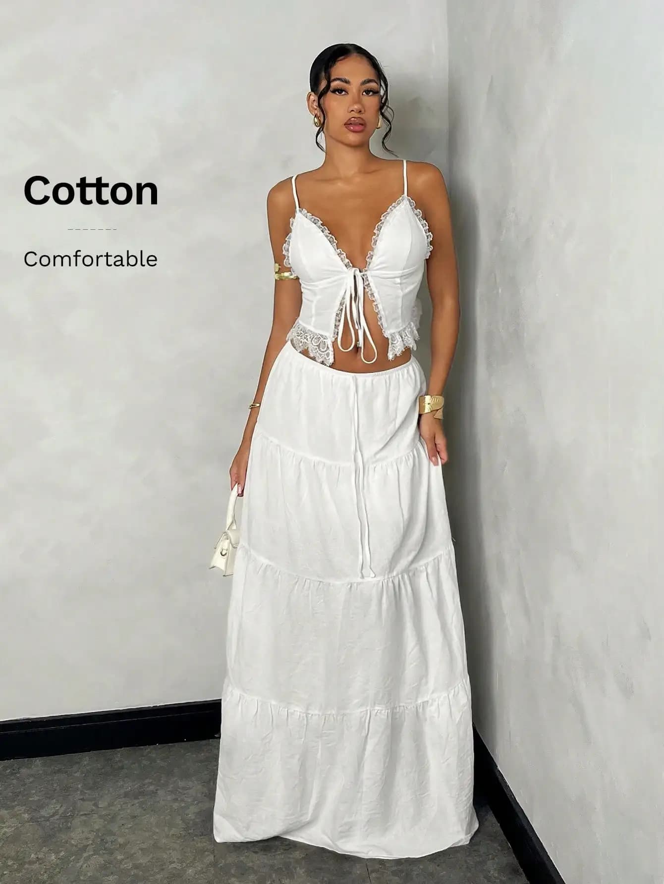 Women's set with white top with lace finishes and long skirt, cotton, boho chic summer outfit