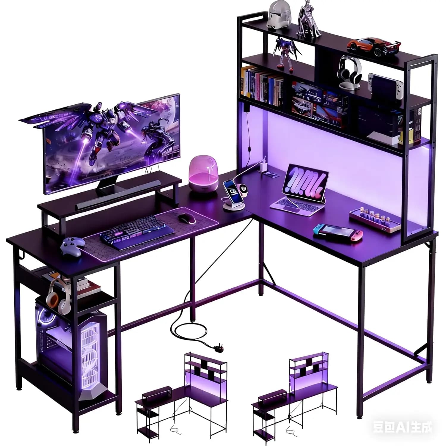 Scrivania da gioco a forma di L con gabbia, scrivania per computer reversibile con luce LED, ripiani a 3 livelli, 2 prese USB+2 e supporto per monitor, C