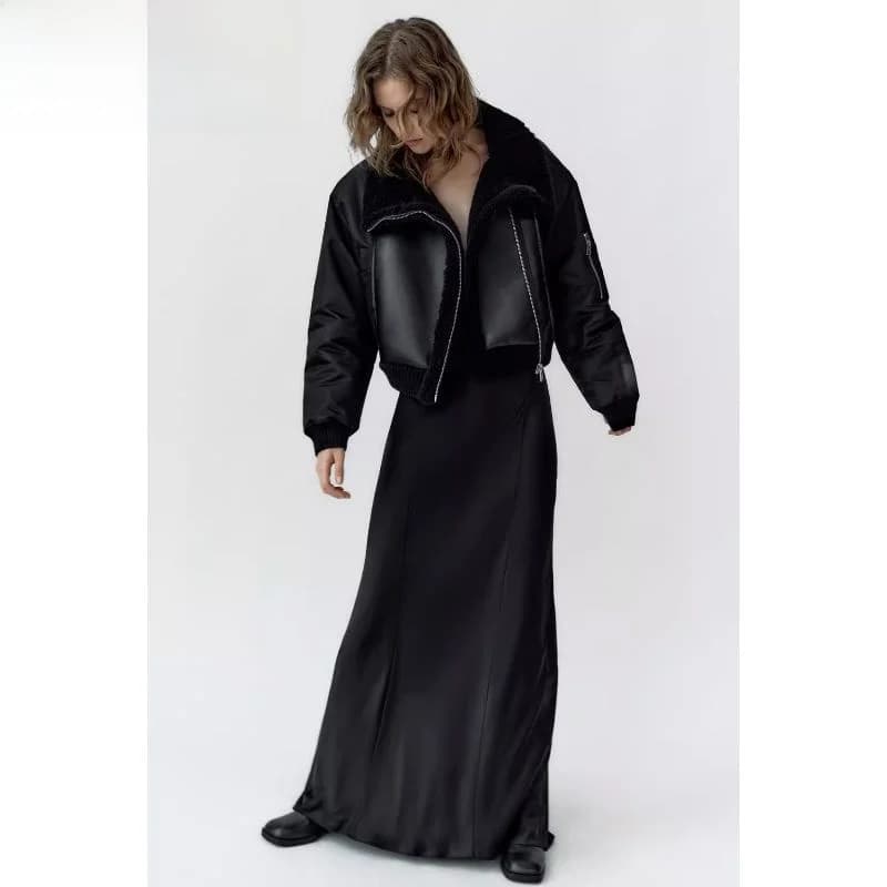 Giacca in Pelle di Pecora alla Moda per Donna, Nuovo Stile Autunno-Inverno, Cappotto Patchwork Versatile, Caldo e Soffice con Chiusura a Cerniera