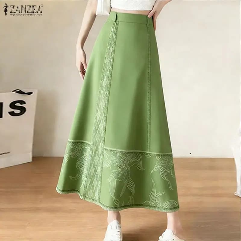 ZANZEA Gonne Lunghe da Donna alla Moda, Vita Alta, Casual, Stampa Midi, Estate 2026, Larghe, Stile Street, Vita Elastica, Jupes Faldas Saia