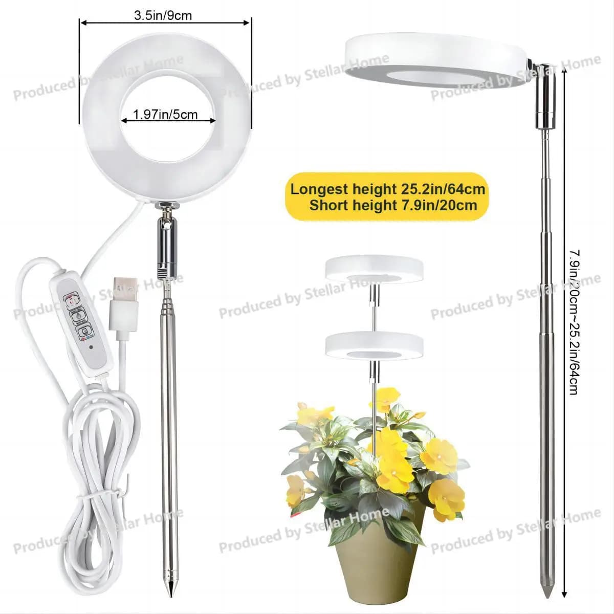 Luce per la crescita delle piante ad anello angelo Asta telescopica Spettro completo Temporizzazione USB Dimmerazione Luce di riempimento per piante bonsai succulente
