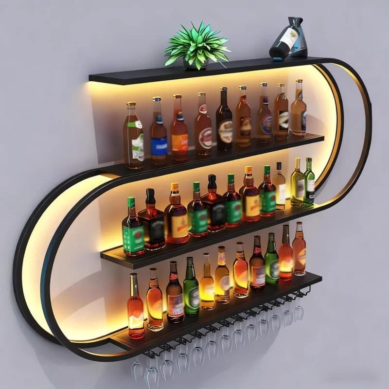 Portabottiglie da Parete a 4 Ripiani con Luce LED, Espositore per Liquori con Portabicchieri per Casa, Bar, Soggiorno, Cucina