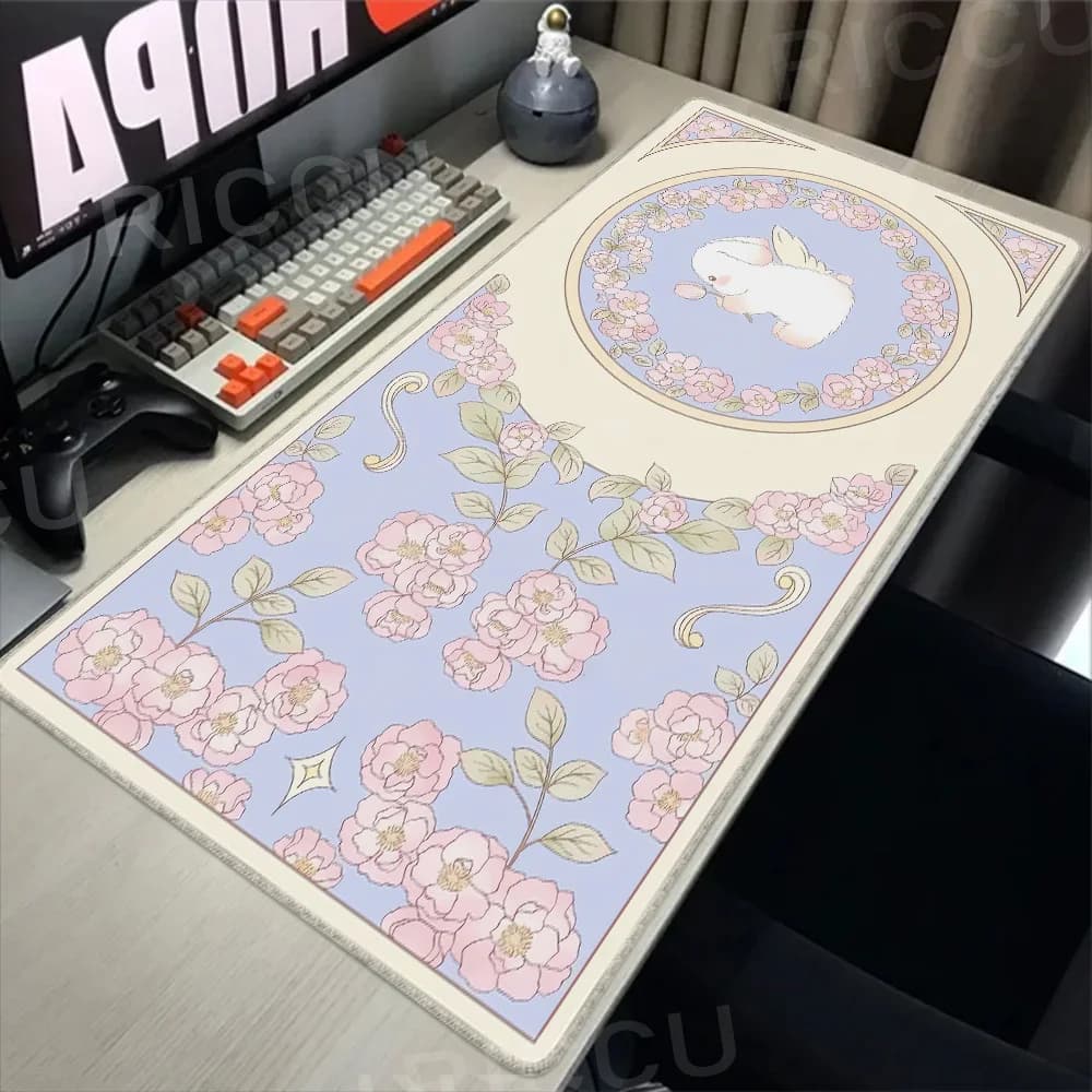 Gaming Green Plant Flower estetica Rabbit Computer Mouse pad XXL Playmat gomma naturale HD Office Carpet Computer Kawaii Pad