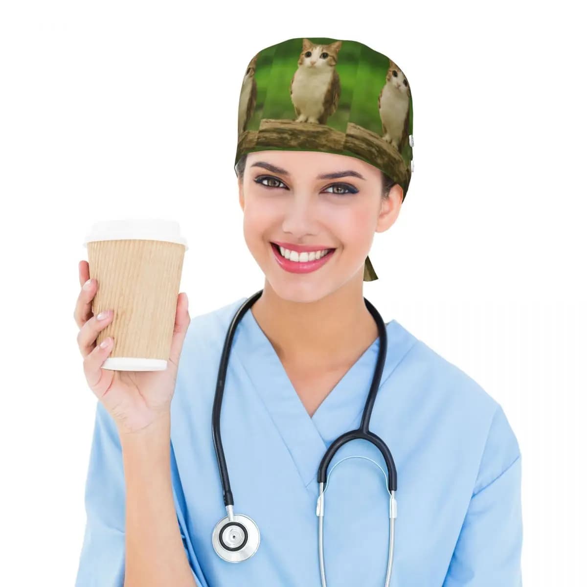 Meowl Cat Owl Funny Internet Trendy Meme Scrub Hat Doctor Working Surgical Cap Unisex Adjustable Nursing Caps for Dentist