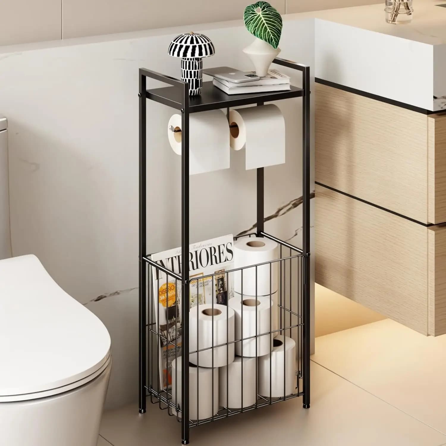 Portarotolo da terra con ripiano e cestino, dispenser doppio per carta igienica resistente per bagno (Nero Opaco)
