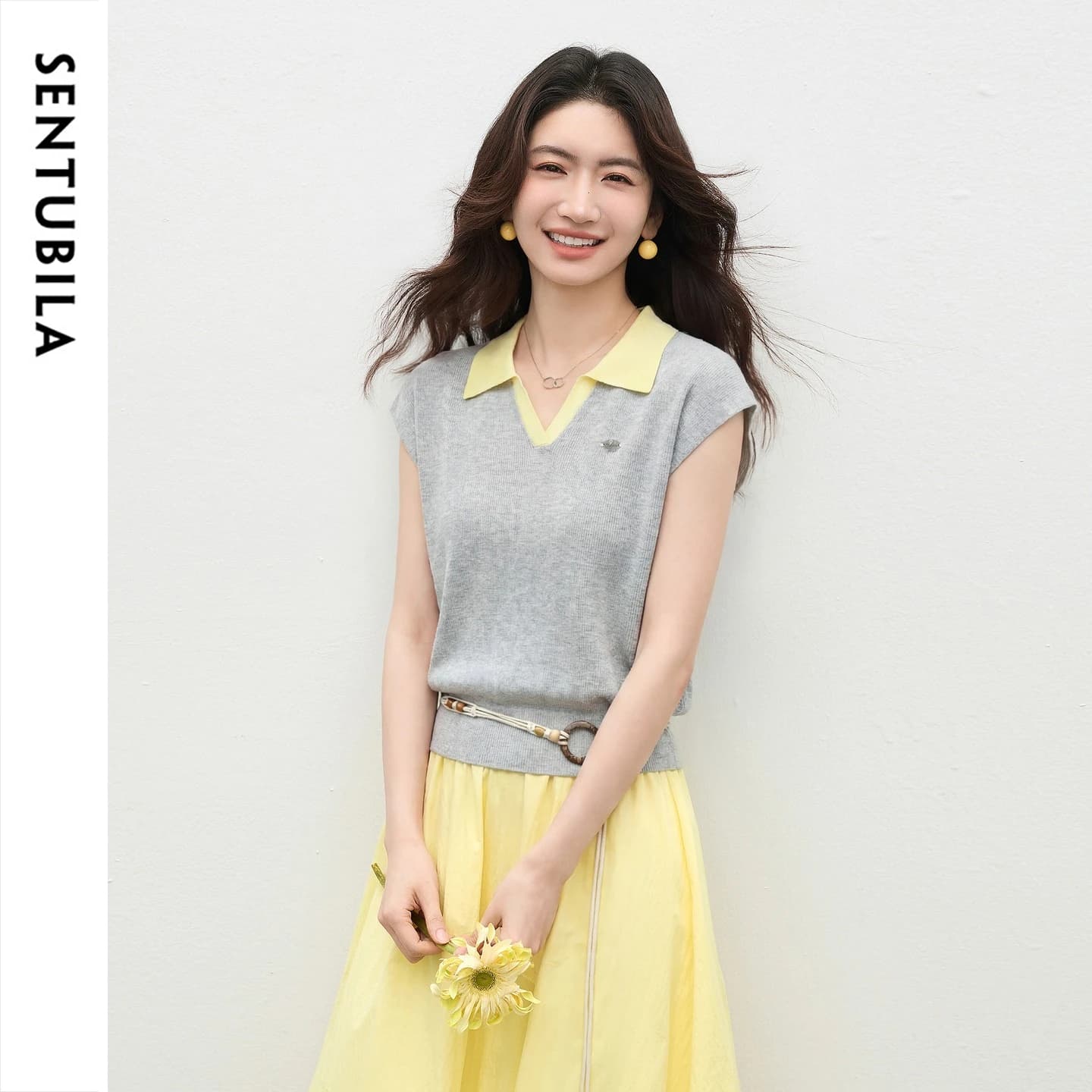 SENTUBILA Women's Contrast Polo Knitted Top 2026 Commuter Casual Short Sleeve Knit Pullover T-shirt Female Clothes W62HD7728