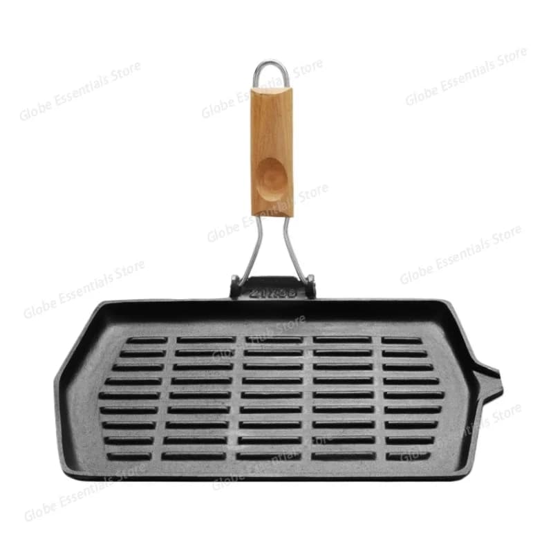 Padella per bistecche in ghisa 35X21 cm con manico per padella per fornello a induzione per escursioni all'aperto, cucina da picnic