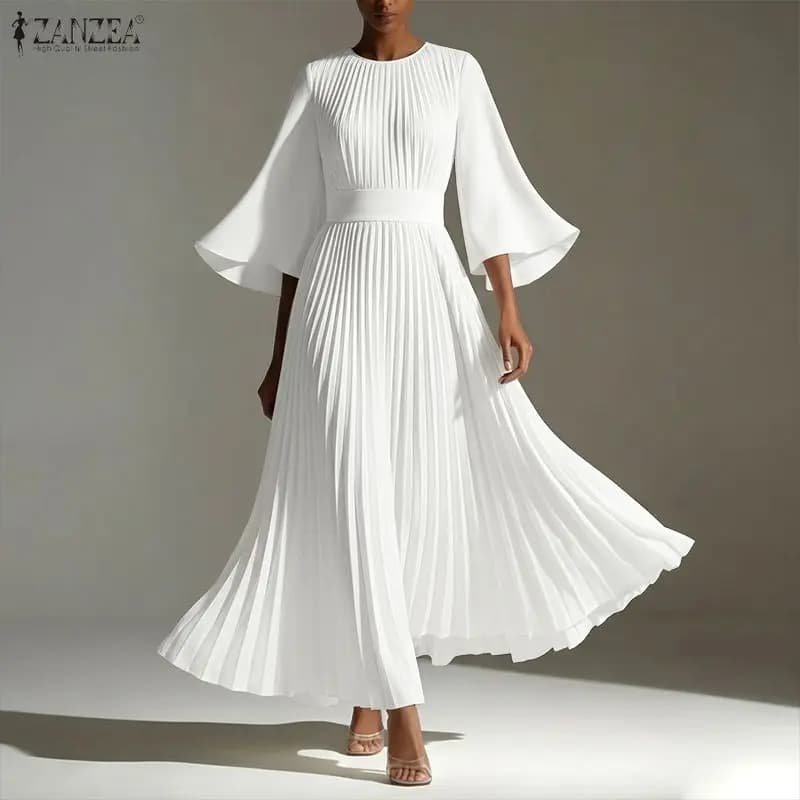 ZANZEA Women Accordion Pleats Maxi Dress Elegant O-Neck 3/4 Bell Sleeves Sash Long Dresses 2026 Autumn Loose A-Line Vestidos