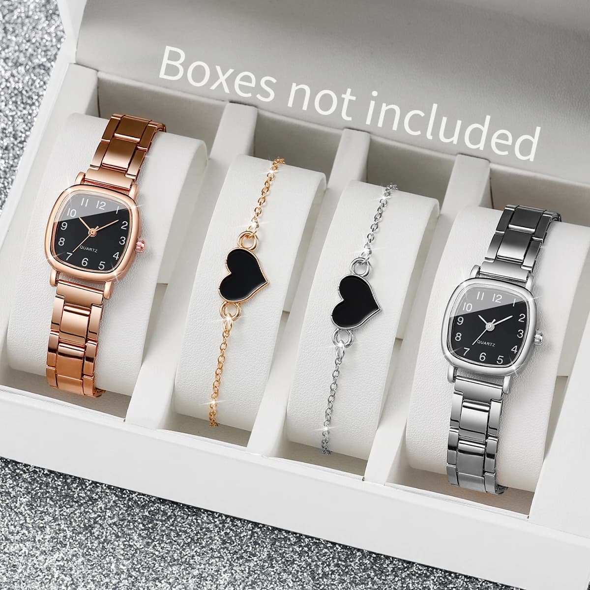 Quartz watch with square dial for women, stainless steel bracelet, heart-shaped bracelet, case not included, casual fashion