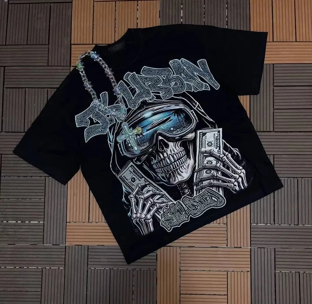 Y2K Skeleton US Dollar Street Trendy Brand T-Shirt Cotton Graphic Tee Men Women Summer Streetwear