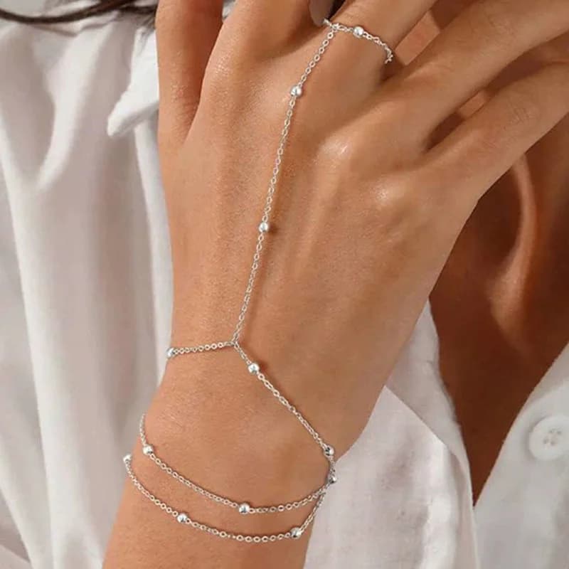 Bracelets with finger rings connected to fashion slim chain for women T-shirt Bracelets with vintage multilayered beads Elegant jewelry gifts