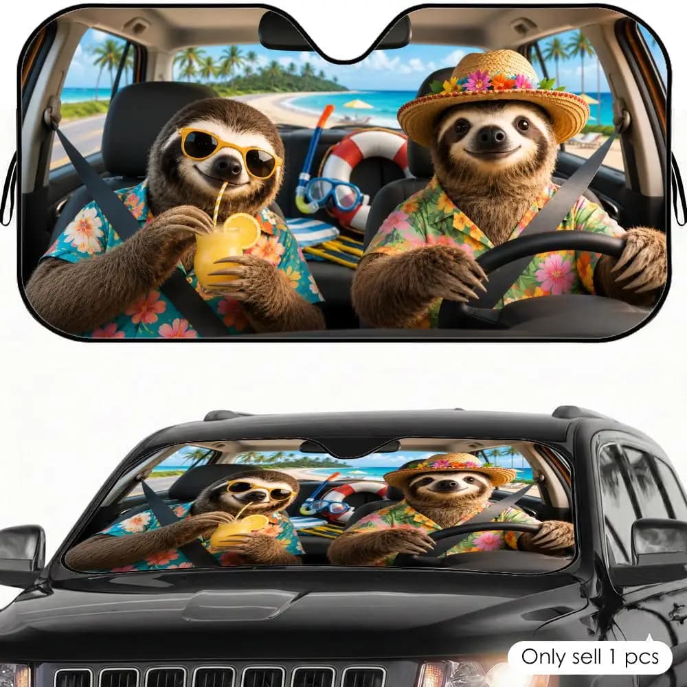 Parasole Pieghevole per Auto Sloth Beach Vacation, Copertura Anteriore Riutilizzabile in Alluminio con Isolamento Termico UV