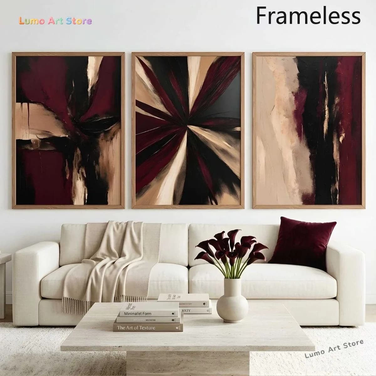 2D Flat, 3pcs Modern Abstract Vertical Wall Art Prints - Black Burgundy Frameless Canvas Poster Paintings Suitable for Living