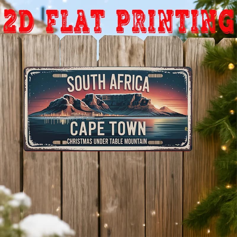 Insegna in metallo con stampa 2D piatta, stile targa, a tema Natale a Cape Town, Sudafrica, con vista sul Monte Table, paesaggio sudafricano