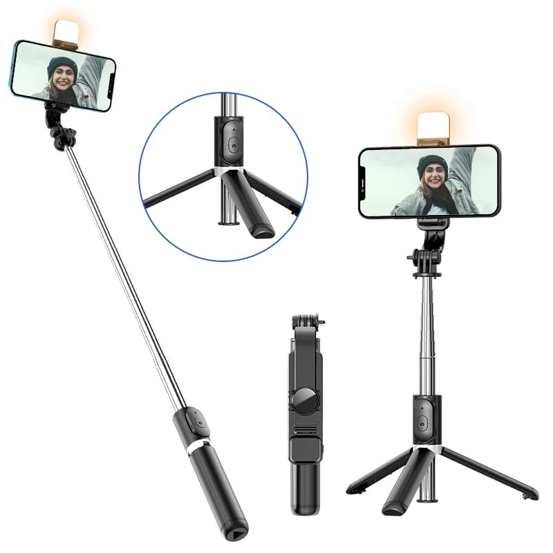 Q02s Luce di riempimento Treppiede Bluetooth Selfie Stick Supporto portatile pieghevole Stabilizzatore Tripe per supporto Huawei Android iOS