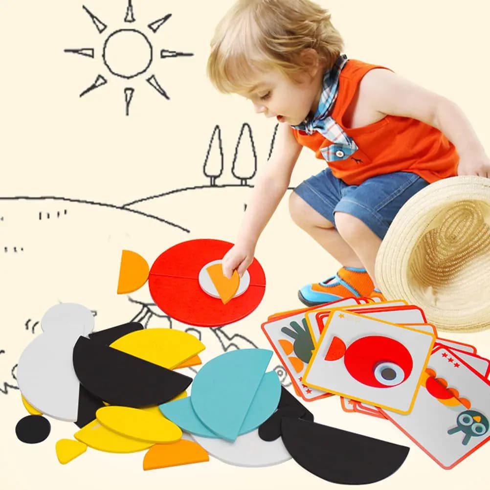 Set di Blocchi Geometrici in Legno, Puzzle Tangram da 29 Pezzi, Gioco Educativo per Bambini in Età Prescolare, Apprendimento delle Forme e degli Animali