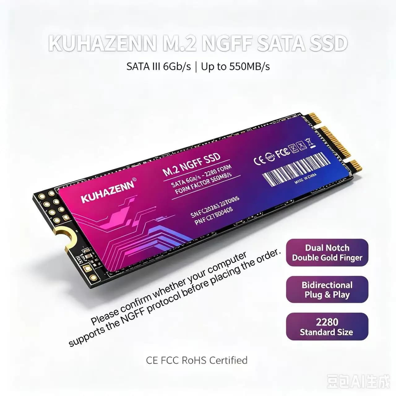 KUHAZENN 512G M.2 NGFF SSD 2280 B&M Key Internal Solid State Drive SATA III 6Gb/s up to 550M/s Read Write
