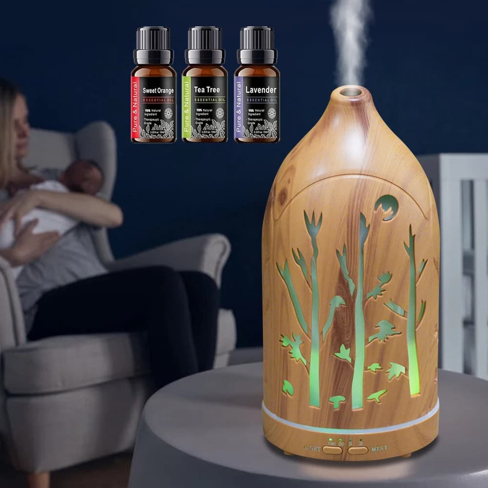 Umidificatore a nebbia colorata in legno chiaro Diffusore per aromaterapia a 7 colori con 3 bottiglie di olio Spegnimento automatico, perfetto per la casa e gli amanti dello yoga
