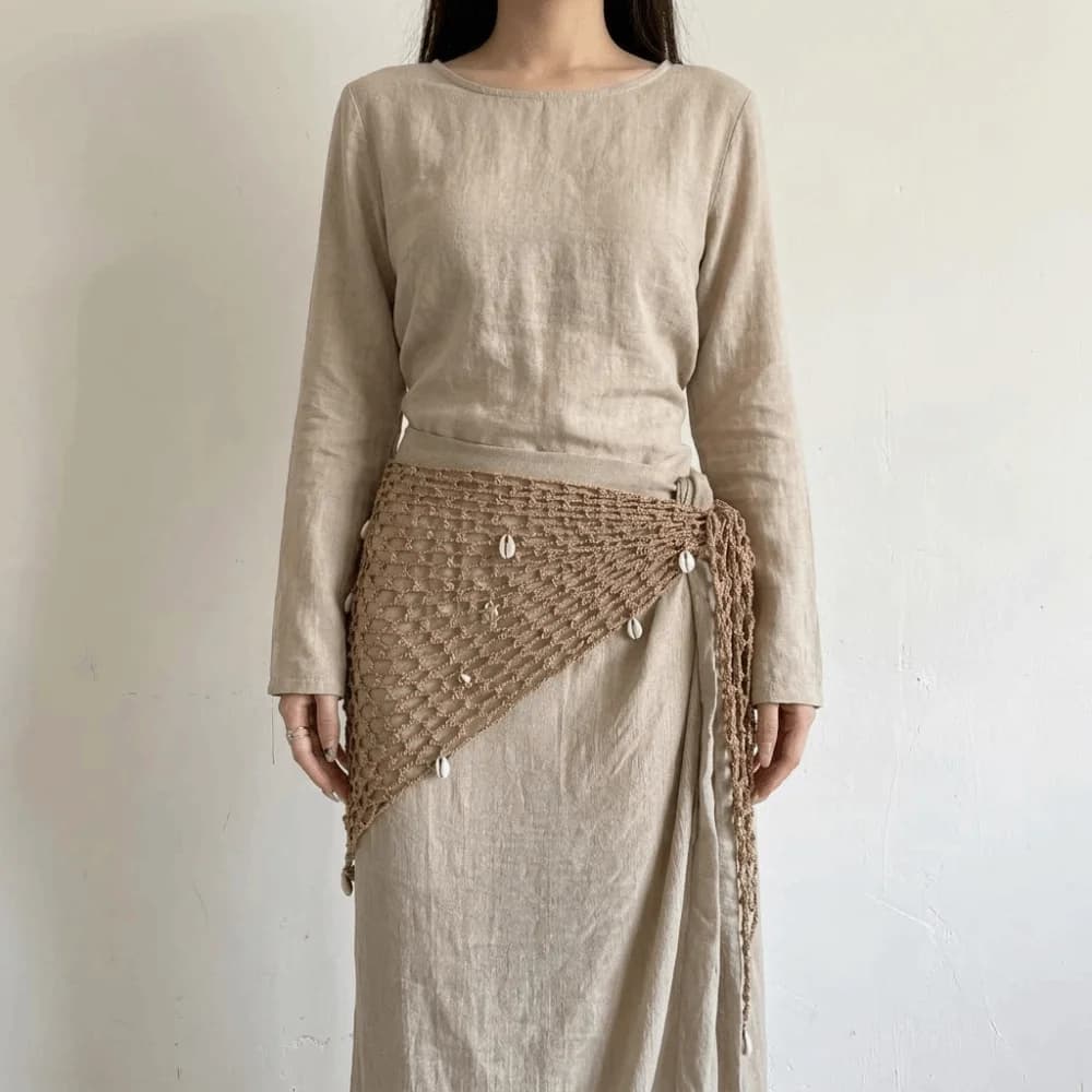 Boho Solid Color Triangle Hip Scarf Shell Knitted Crochet Short Skirt Wrap Sophisticated Mesh Waist Belt Daily