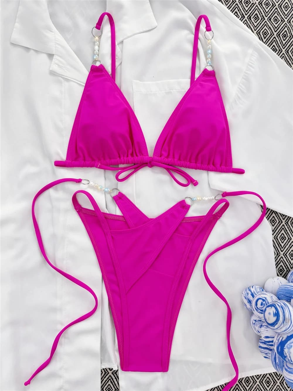 Costume da bagno estremo con micro stringhe bikini sexy con catena di perle Costume da bagno push up vuoto Tanga Costume da bagno da spiaggia per donna Set bikini