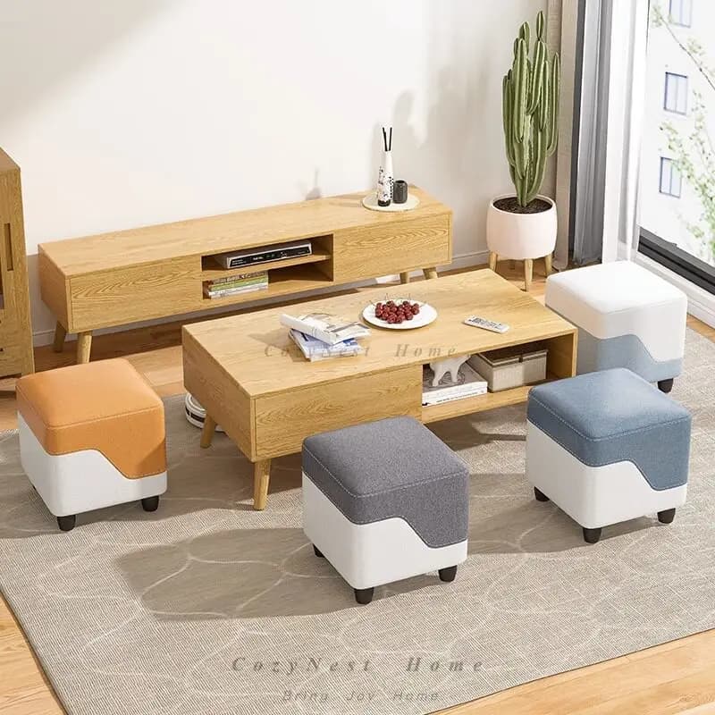 Color Block Square Changing Shoe Stool Home Use Small Low Stool Creative Durable Child Sitting Stool For Living Room