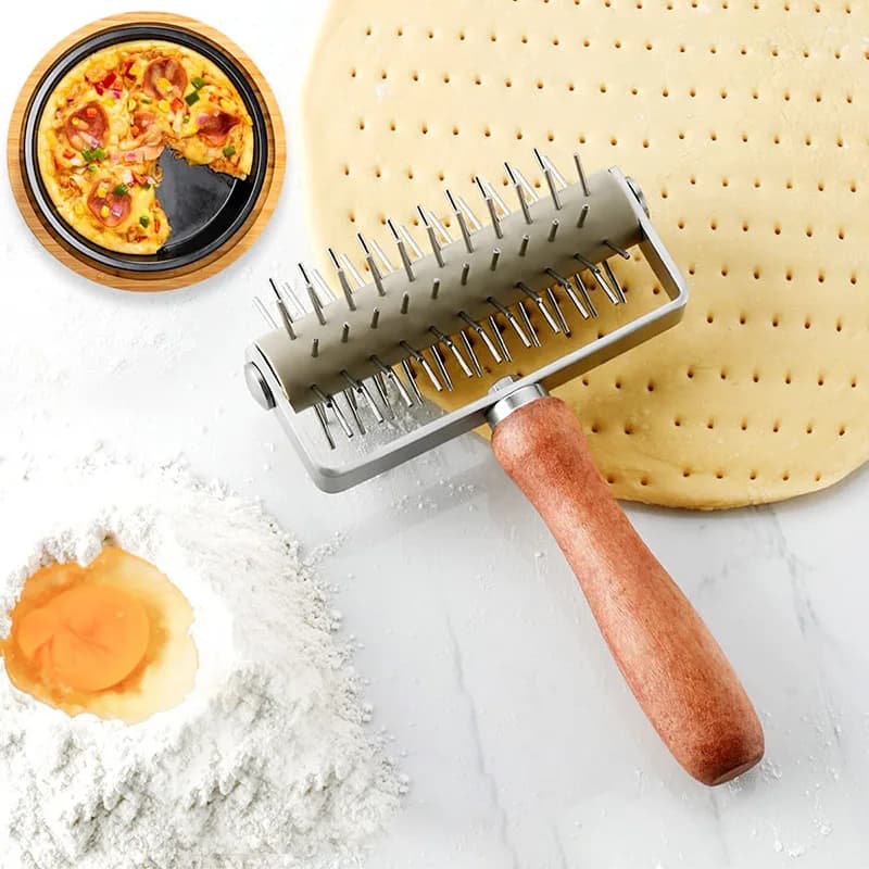 Rullo per pasta per pasticceria con rullo perforatore per pizza con ruota in acciaio inossidabile con manico in legno per forniture per la cottura
