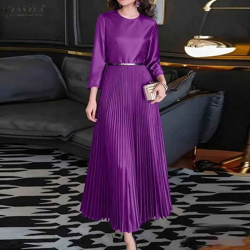 ZANZEA Elegant silk satin party dresses, with O neckline, 3/4 sleeves, A line, pleated long dress, solid color, evening dress for guests
