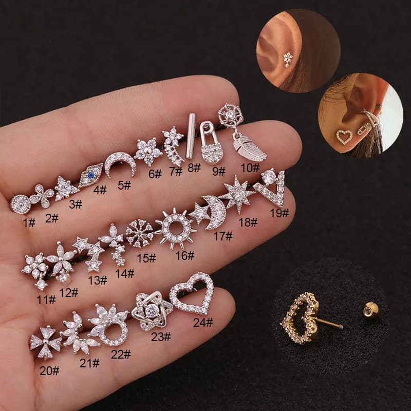 16G Round Screw-Back Stud Earrings, Hypoallergenic Surgical Stainless Steel Crystal Cubic Zircon Tragus Helix Cartilage Jewelry