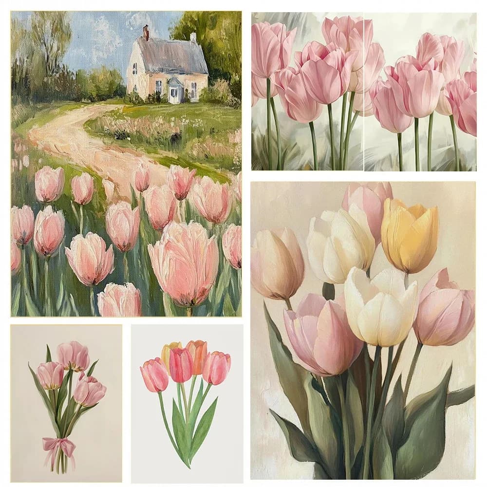 Poster con Stampa Diamantata di Fiori Semplici Tulipani alla Francese, Quadro da Parete per Soggiorno, Decorazione Casa