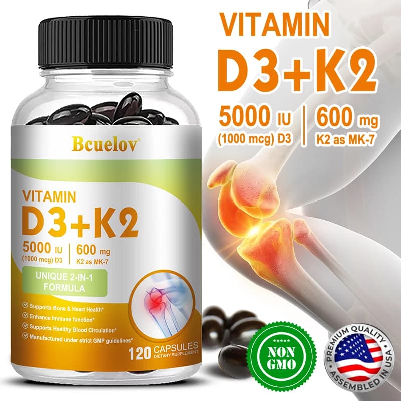 Bcuelov Vitamin D3+K2, 5000 UI Vitamin D3, non-GMO formula, complex food supplement vitamin D and K easy to remove