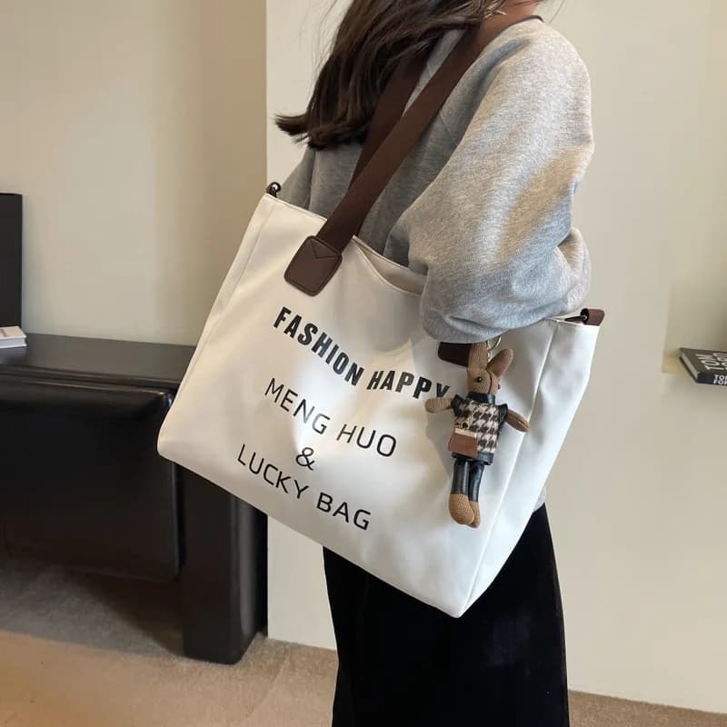 Black White Khaki Canvas Bags for Women Classic Retro Letter Print Large Capacity Tote Shoulder Bags Casual Commuter Handbgs