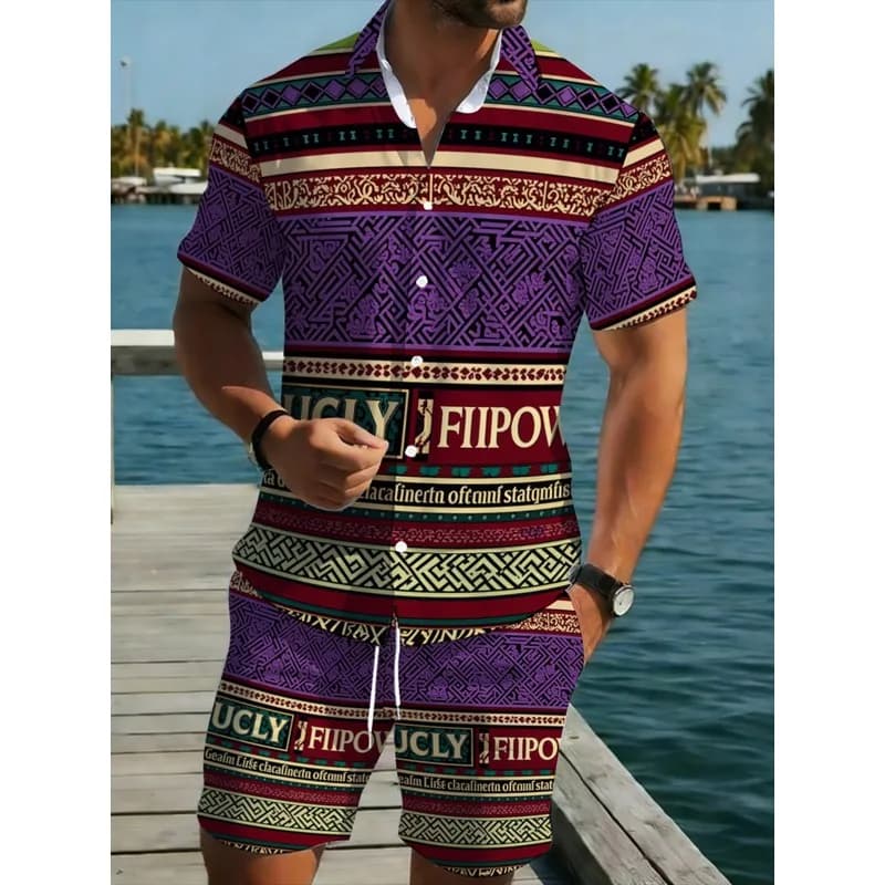 Men's Lightweight Polyester Geometric Print Shirt and Shorts Set Purple Beach Pool Casual Wear Comfortable Durable Design