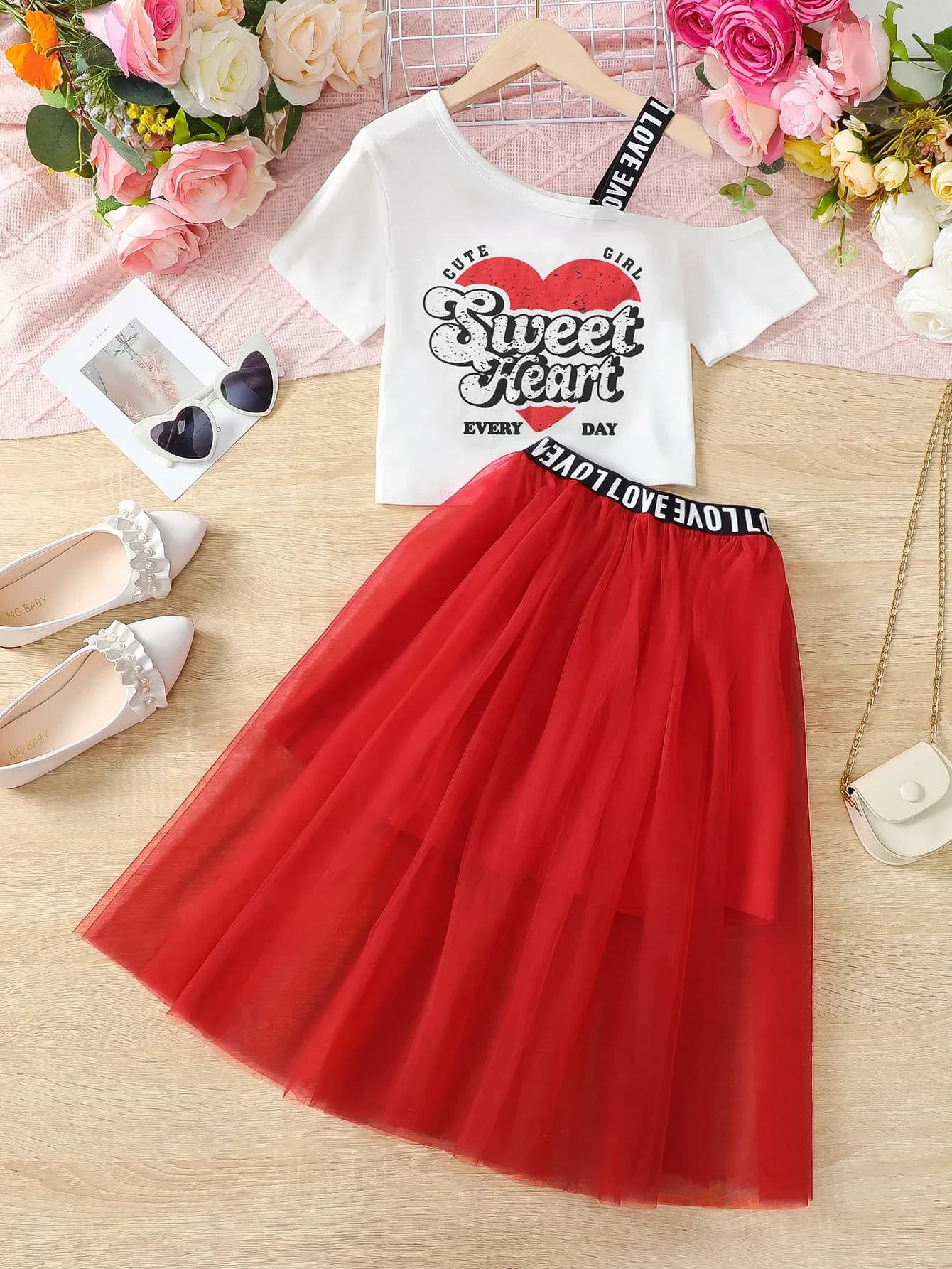 2 pezzi estate bambino ragazza vestiti set manica corta spalla perdita T-shirt + gonna in rete costume stile college per bambina 8-12 anni
