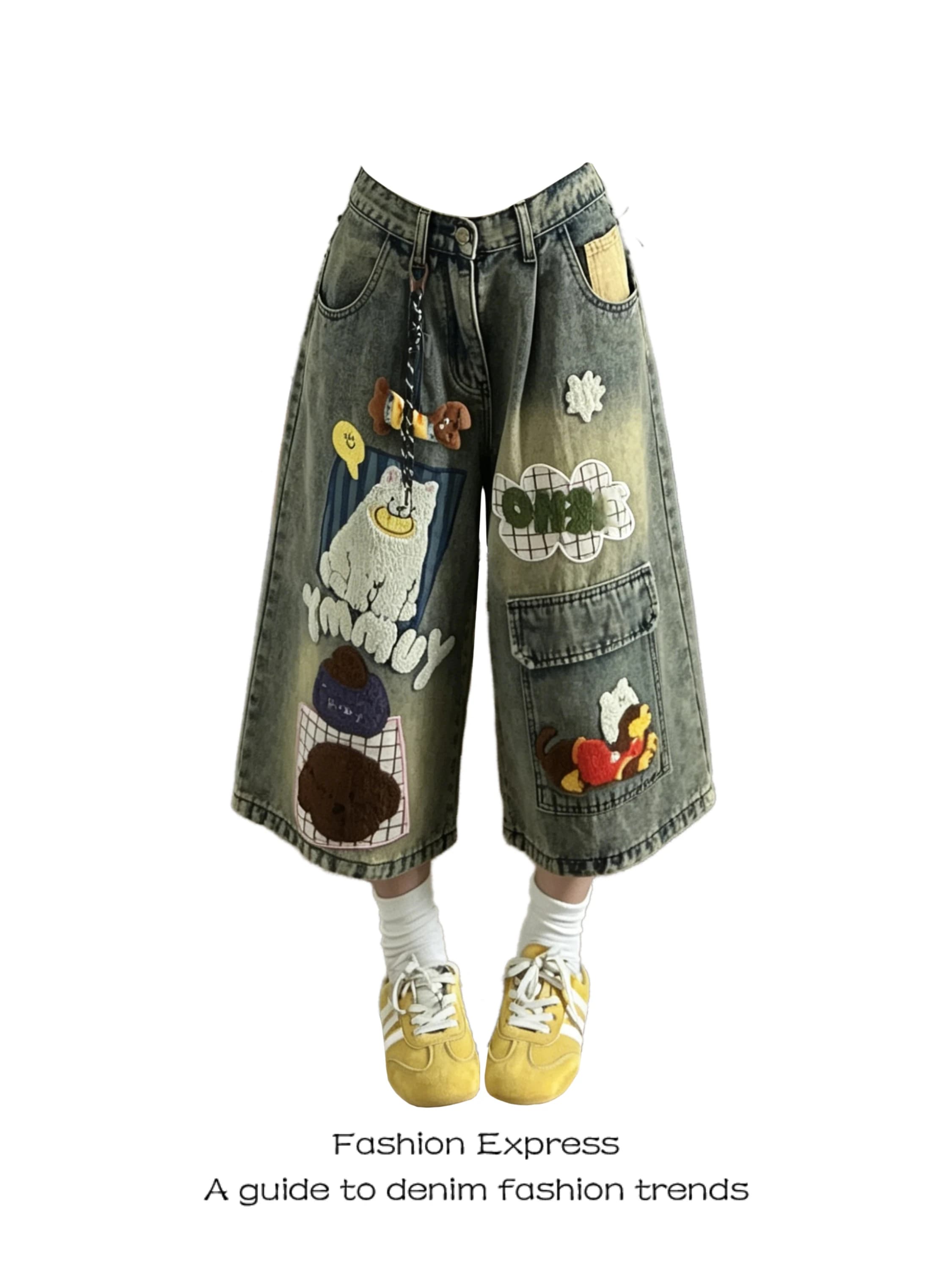 Retro American Cartoon Embroidery 7/8 Length Jeans Women Summer New Design Loose Casual Shorts High Waist Wide Leg Jeans