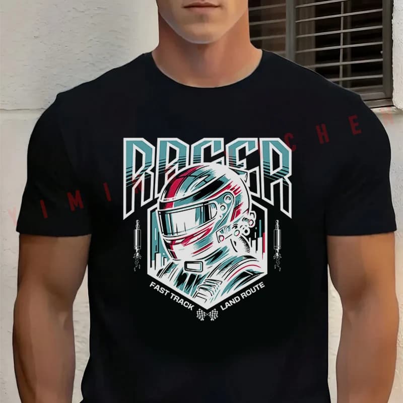 Men's Black Racer Motorcycle Graphic Design Cotton T-Shirt New Men's Casual O-neck Short Sleeve Tees